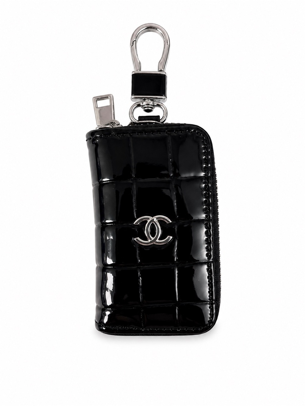 Black Patent Quilted Key Pouch with Silver Hardware